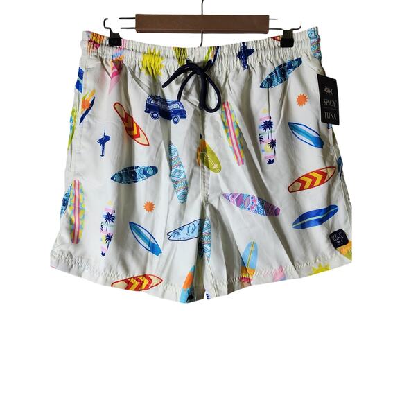 SPICY TUNA Men's NEW Cream w/ Colorful Surfboards Swim Trunks SZ XL (waist 34") - Picture 1 of 9